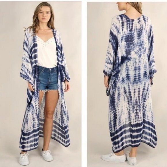Boho Blue Tie Dye Kimono Duster Coverup - Picture 13 of 13
